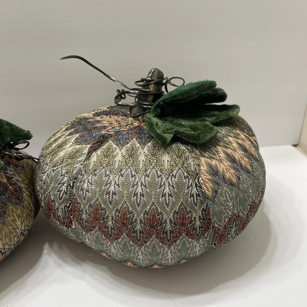 Fall Fabric Plush Pumpkins Woven Tapestry Pattern Earth Tones Vines Leaves 2